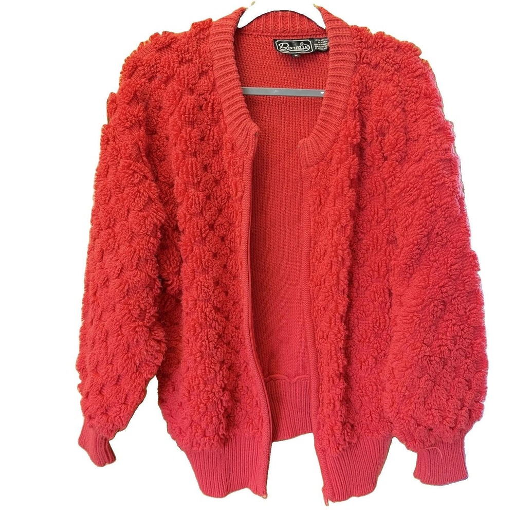 Vintage Rochelle Fashion Knitwear Cardigan Medium Red Full Zip Textured Sweater